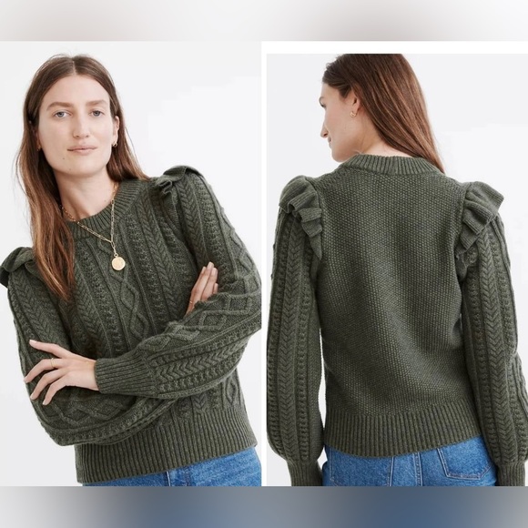 Madewell Green Hollydene Ruffle-Shoulder Pullover Knit Sweater - Size XXS - Picture 3 of 11